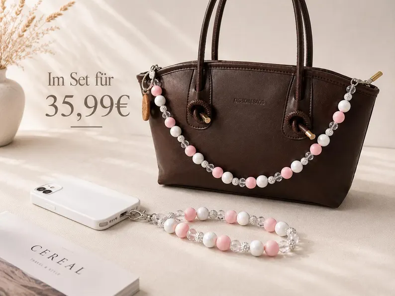 Cotton Candy Glam Pink Pearl Phone Strap & Bag Charm Set – Handmade Y2K Aesthetic Set - Geschenk für Frauen