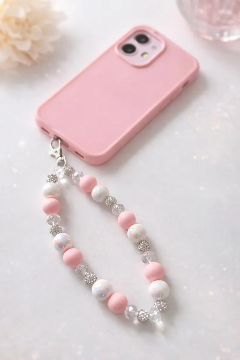 Cotton Candy Glam Pink Pearl Phone Strap & Bag Charm Set – Handmade Y2K Aesthetic Set - Geschenk für Frauen – Bild 5
