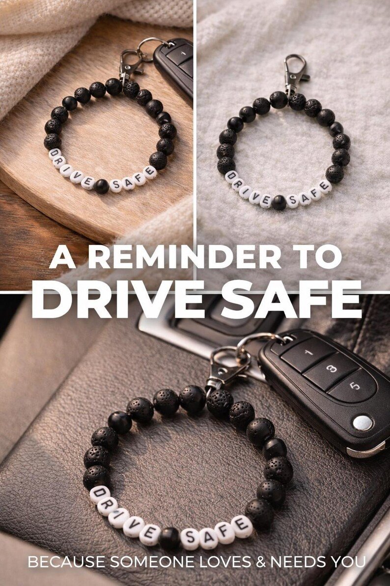 Drive Safe Lava‑Stein Schlüsselanhänger – Handgemachtes Perlen Auto Accessoire, Geschenkidee für Sie & Ihn – Bild 5