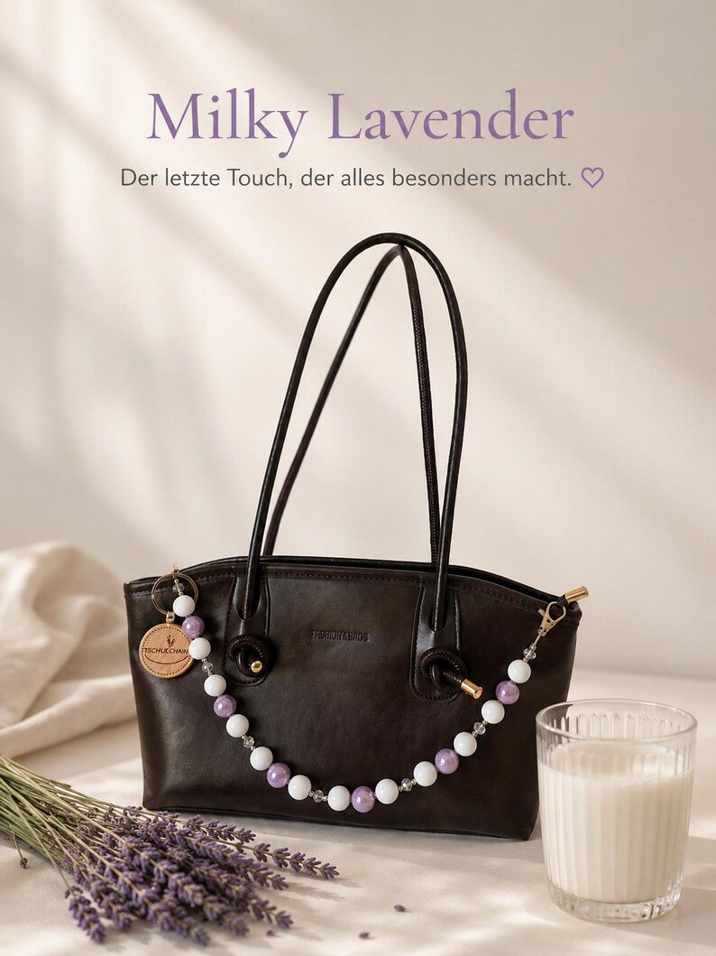 Milky Lavender Taschenkette Bag Charm Perlen - Weiß Flieder Handgemacht Lavender Handbag Accessoire – Bild 7