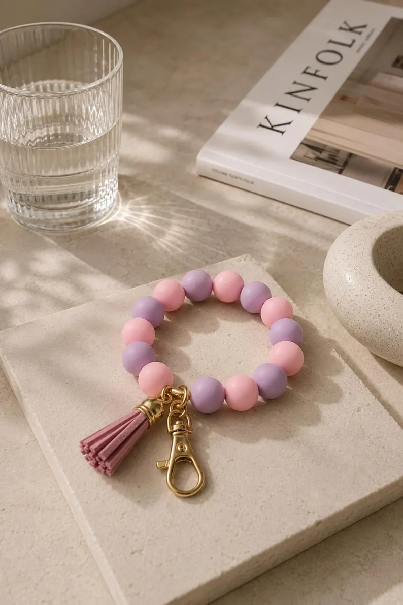 Pastell Perlen Schlüsselanhänger – Pink Purple Handmade Key Chain, Süßes Accessoire Geschenk für Mädchen & Frauen