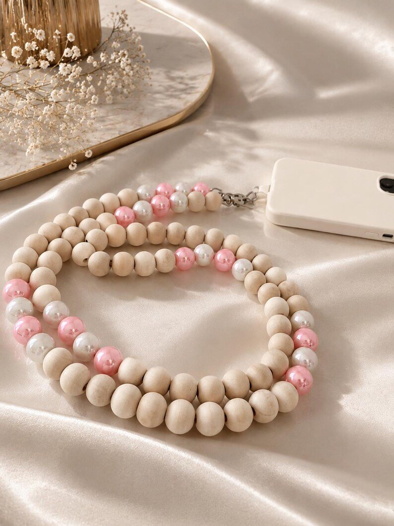 Pink Pearl Rosa Handykette zum Umhängen mit Holzperlen - Crossbody Handyband & Y2K Accessoire – Bild 3