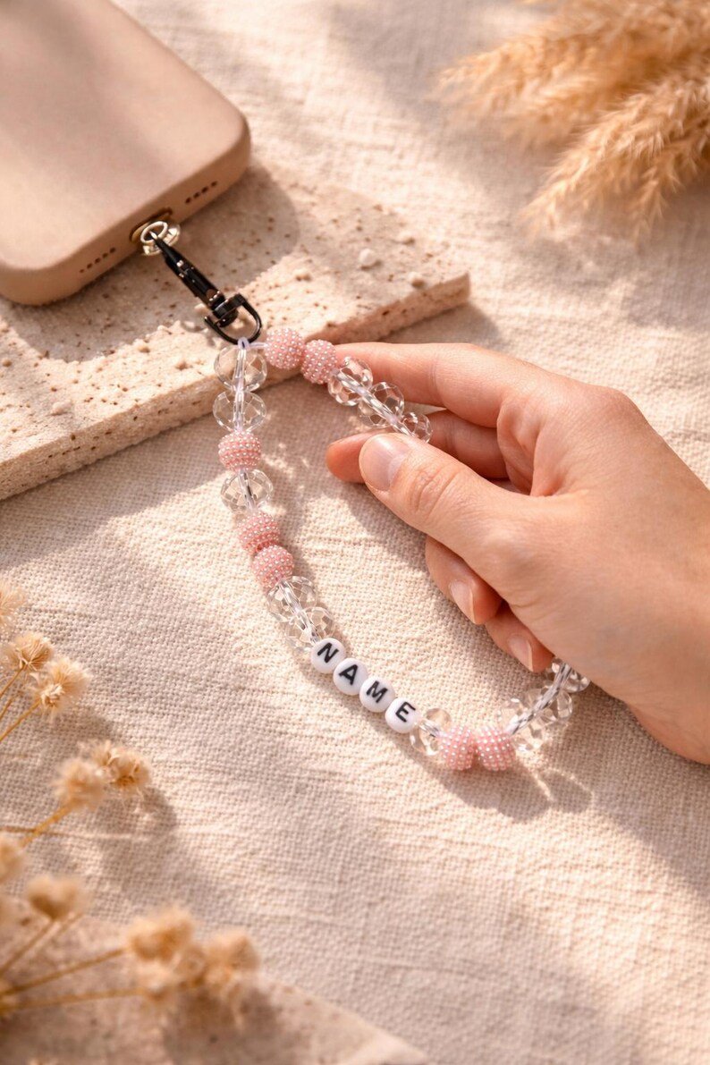 Unique Personalisierte Perlen Handykette – Aesthetic Phone Charm, Handyband mit Namen, Geschenk handgemacht – Bild 3