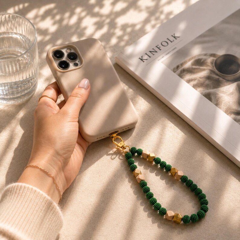 Wood Grüne Perlen Handykette – Phone Charm im Naturstil, Beaded Phone Strap Geschenk für Frauen – Bild 2