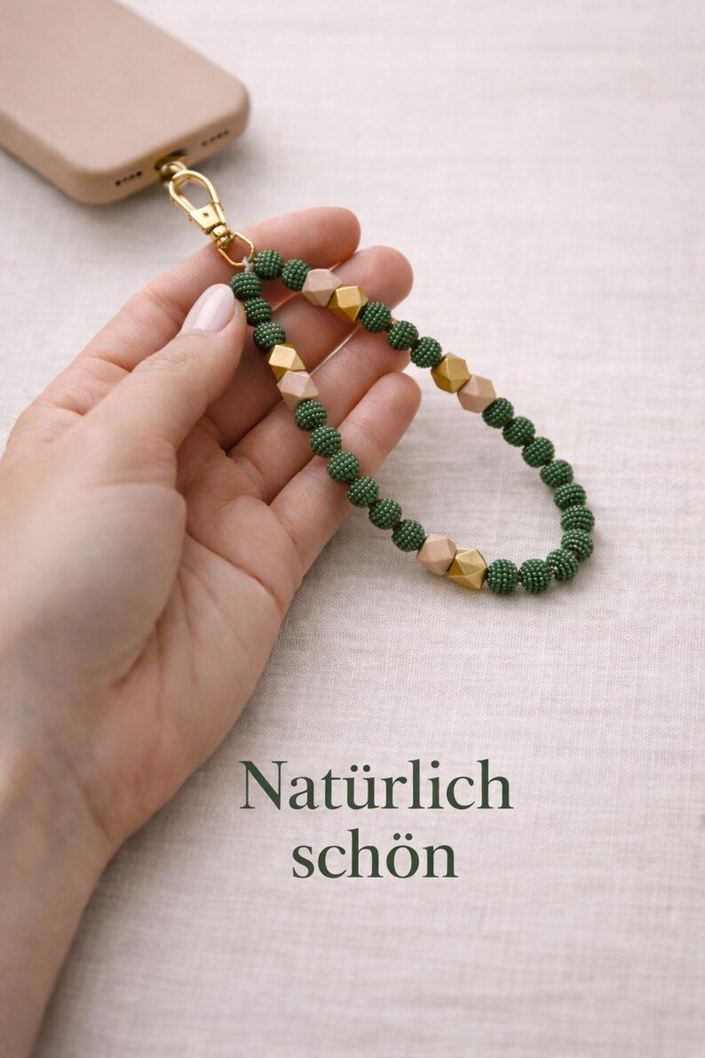 Wood Grüne Perlen Handykette – Phone Charm im Naturstil, Beaded Phone Strap Geschenk für Frauen – Bild 6