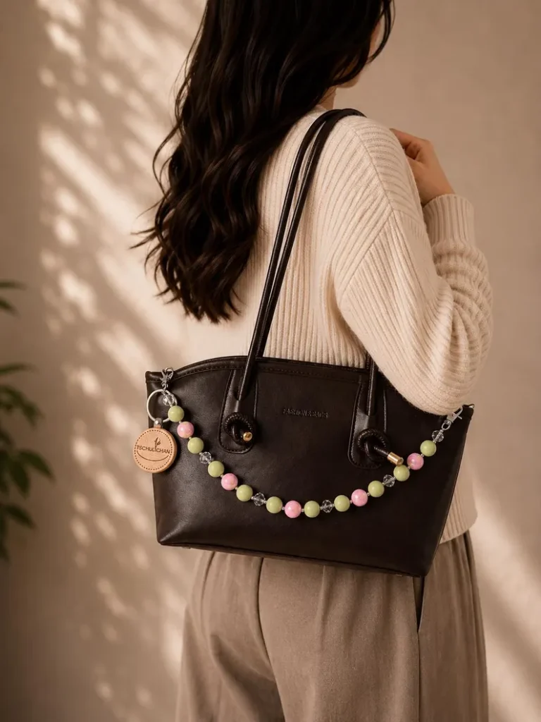 Taschenkette grün rosa und durchsichtigen perlen